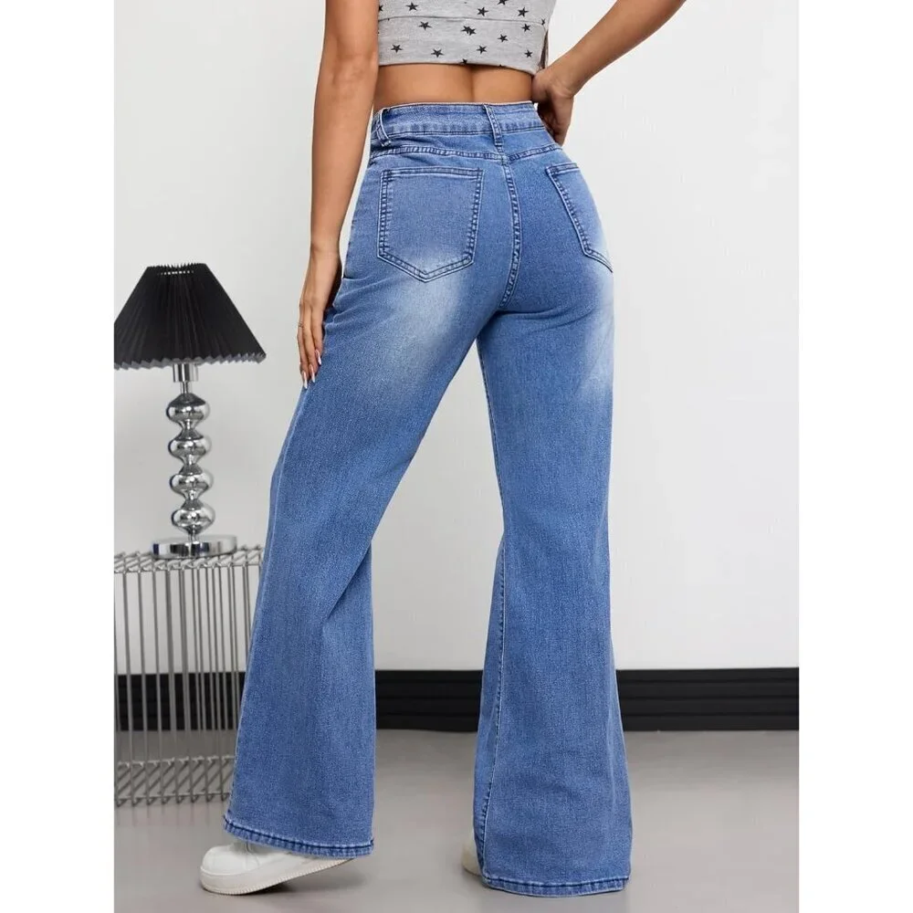 Women's Stretchy High Waisted Bootcut Jeans Retro Flare Wide Leg Pants